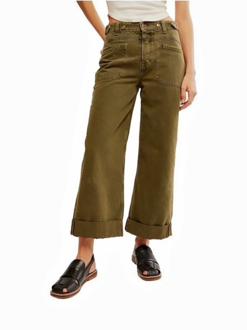 Free People Palmer Cuffed Jeans Olive Green Size 28